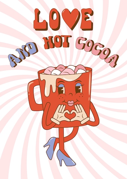 Vector mug with hot cocoa and marshmallow for valentine's day concept in 60s 70s cartoons style