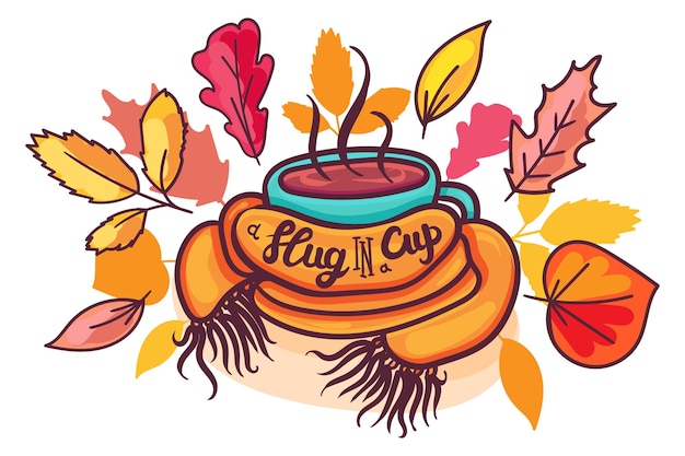 Vector mug with scarf and leaves hand drawn illustration