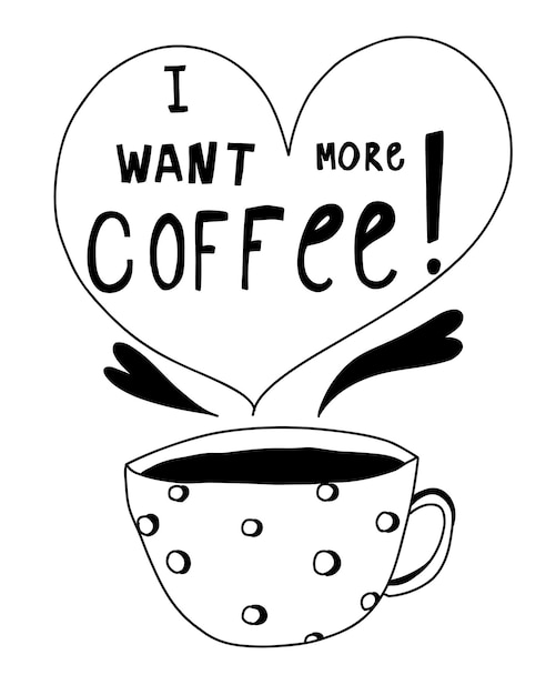 Mug with text I want more coffee Cute doodle postcard poster background Hand drawn vector