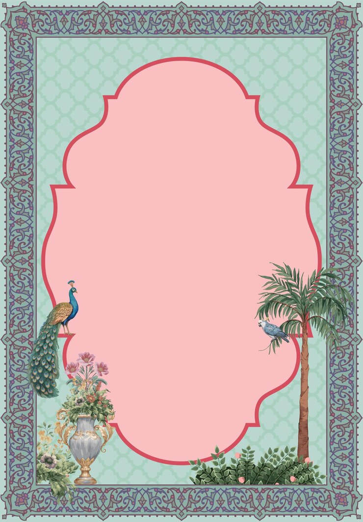 Vector mughal decorative garden frame with peacock parrot palm tree and flower vase for invitation