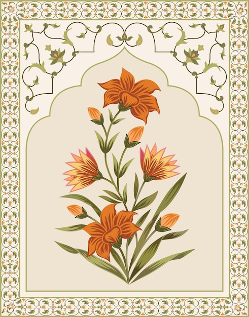 Vector mughal flower motif botanical floral ethnic motif and mughal art flower bunch