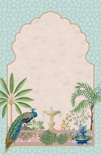 Vector mughal garden peacock tree and arch frame illustration for print invitation