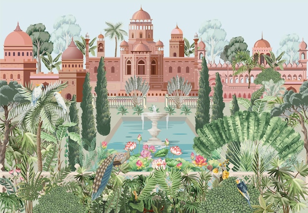 Вектор Могольский сад с птичьим попугаем, павлиньими растениями, дворцом, деревом, рисунком для обоев