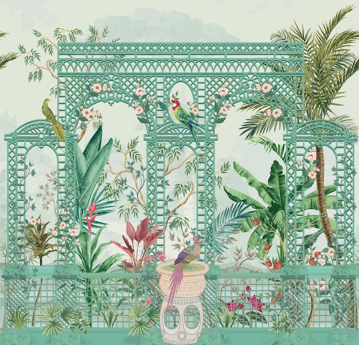 Vector mughal garden with bird parrot peacock plants tree palace illustration pattern for wallpaper