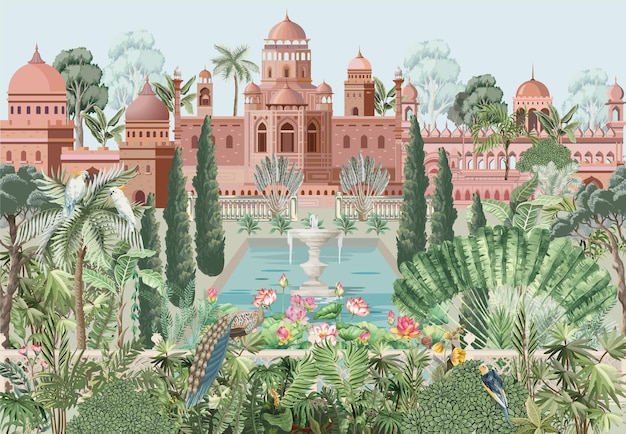 Mughal tuin met vogel papegaai pauw planten boom paleis illustratie patroon voor behang