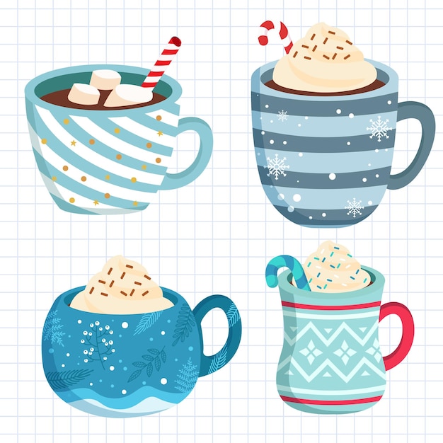 Mugs of hot chocolate with marshmallows and candy cane Vector illustration