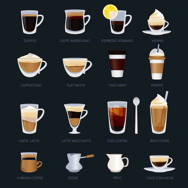 Mugs with different type of coffee. espresso, cappuccino, macchiato and others.