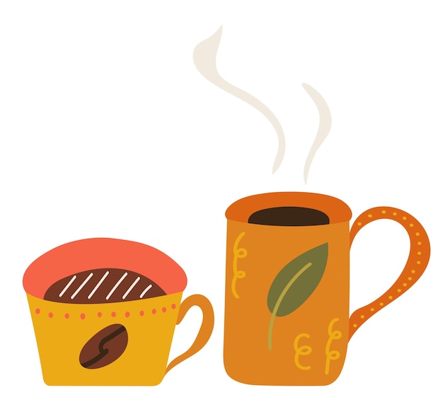 Mugs with tea and coffee in doodle style vector