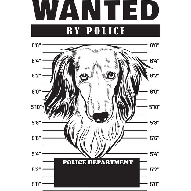 Vector mugshot of long haired dachshund dog holding banner behind bars