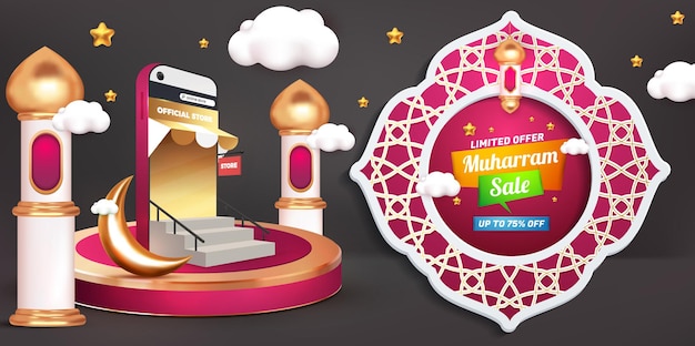 Muharram-verkoopbanner met 3d-online winkel en podiumpromotieproduct