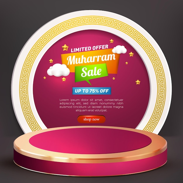 Muharram-verkoopbanner met 3d-online winkel en podiumpromotieproduct