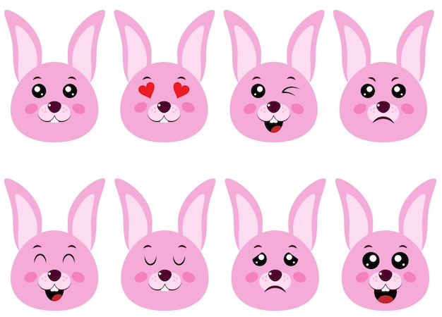 Muilkorven van een roze konijn in verschillende emoties