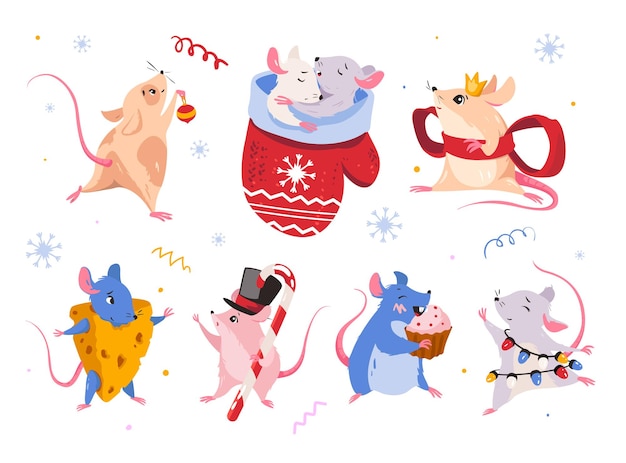 Vector muis nieuwjaar simbol vector set van geïsoleerde muis tekens sticker rat emoticon ontwerp