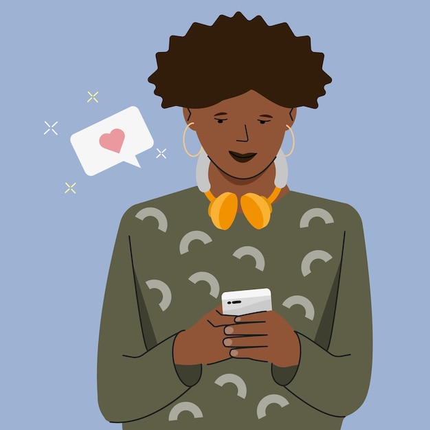Mulher usando smartphone móvel e conversando com amigos Ilustração vetorial plana