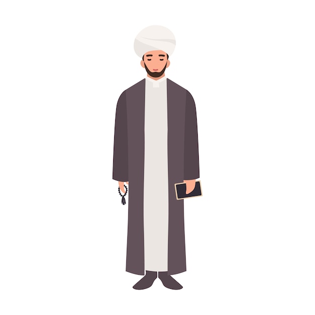 Vector mullah wearing turban and traditional clothes, holding beads and quran book. islamic clergyman, cleric or religious leader.