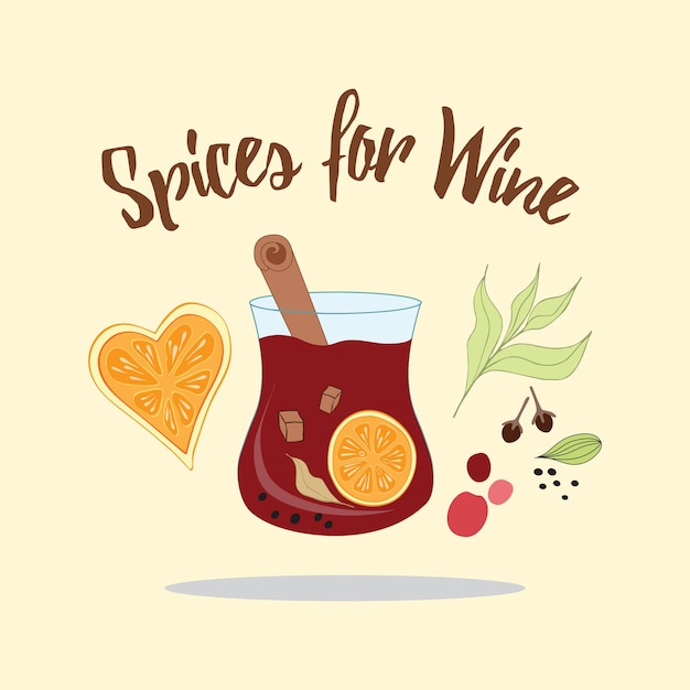 Mulled red wine with glass of drink and hand drawn ingredients herbs dry orange dry berries cardamom cinnamon cloves brown sugar