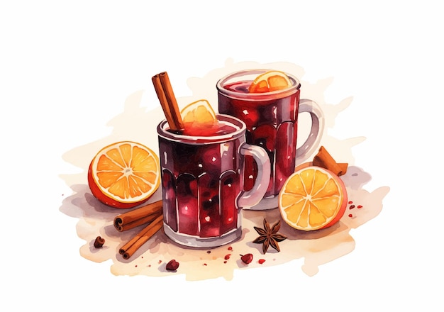 mulled wine christmas watercolor with oranges cinnamon sticks anise white hot winter beverage food