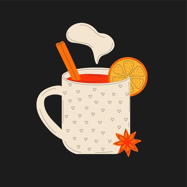 Mulled wine in a cup. Mulled wine with cinnamon.Vector in cartoon style. All elements are isolated