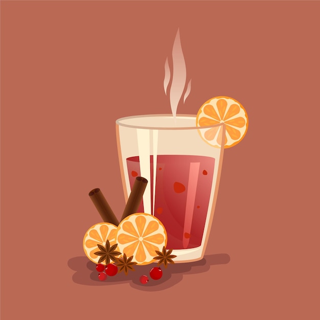 Vector mulled wine in a glass with orange and berries in the background