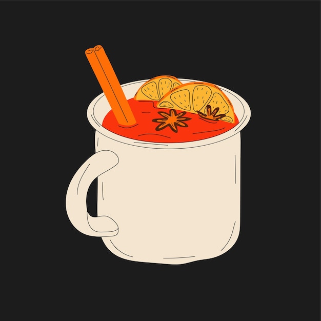 컵에 Mulled 와인입니다. 계피와 Mulled 와인입니다. 만화 스타일의 벡터입니다. 모든 요소가 격리됨