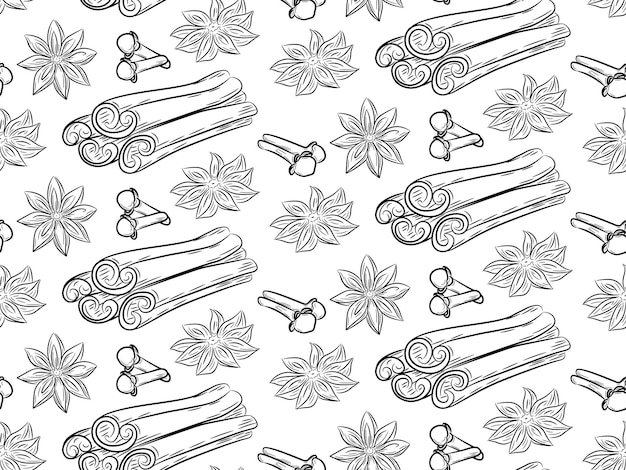 Mulled wine ingredients seamless pattern background. Cinnamon, related bunch, star anise, cloves.
