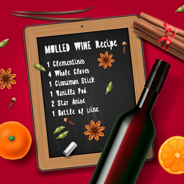 Mulled wine recipe with list of ingredients and bottle of wine