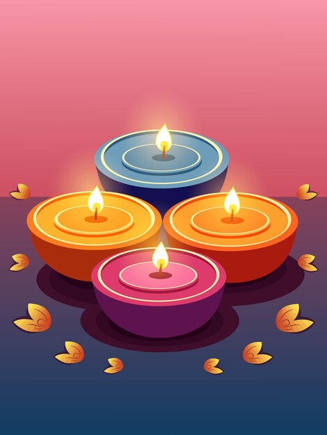 Multi Color Illuminated Oil Lamps Diya on Beautiful Golden Leaves Rangoli Background Diwali Celebration Card or Template Design