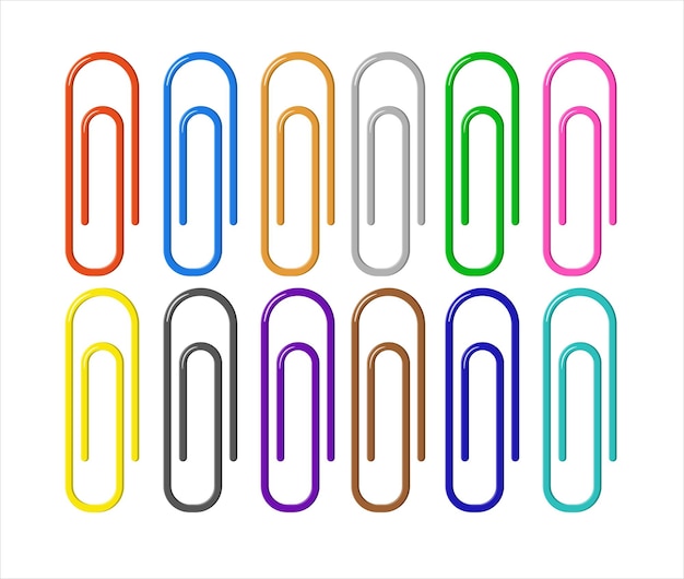 Multi colored office paper clip flat style vector illustration set isolated