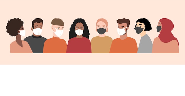 Multi-colored people in white and black face medical mask. coronavirus, covid-19. different nationalities in trendy colors.