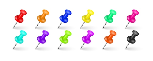 Vector multi-colored pin tacks with a realistic shadow on a white background