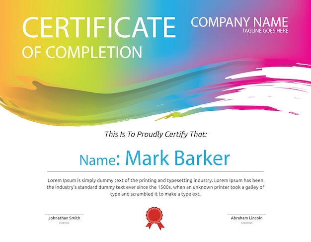 multi colour certificate of achievement template set with red badge and border vector illustration