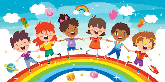 Bambini multietnici che giocano sull'arcobaleno