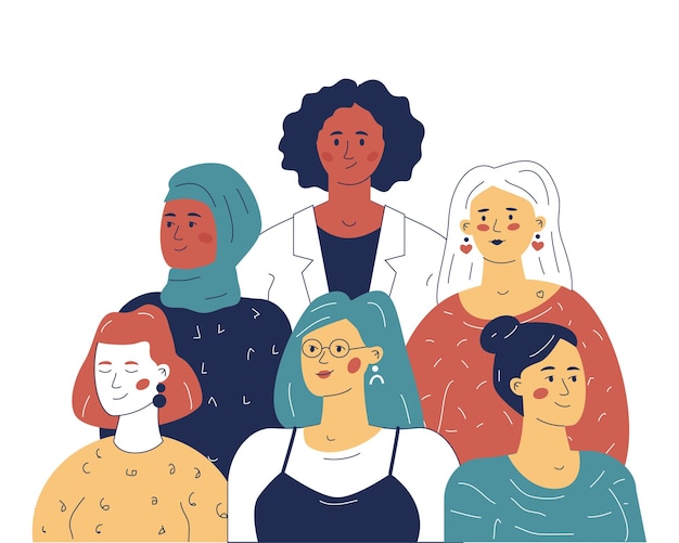 Multi-etnisch team van vrouwelijke leiders, het concept van gelijkheid in het bedrijfsleven. een illustratie voor een website of applicatie.