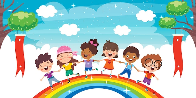 Multi-etnische kinderen spelen op regenboog