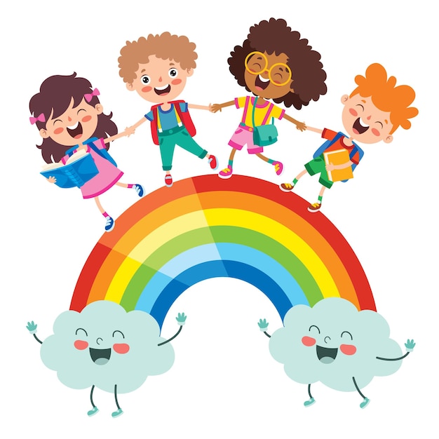 Multi-etnische kinderen spelen op regenboog