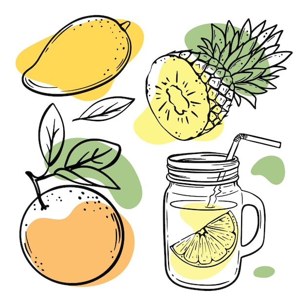 Schizzi a più frutti con illustrazioni di schizzi di colore arancione, giallo e verde pastello