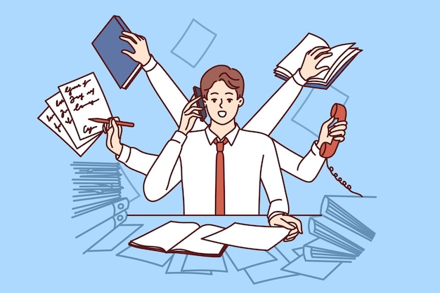 Multiarmed man multitasking with documents and talking on phone sitting in office