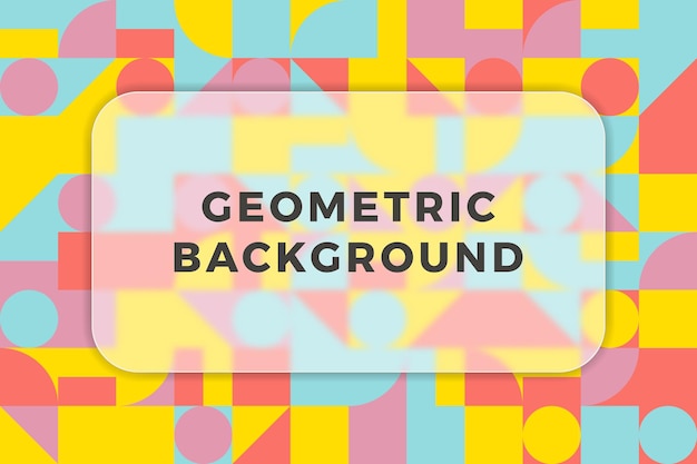 Multicolor Bauhaus pattern with basic shapes in square grid. Glassmorphism effect on frosted glass