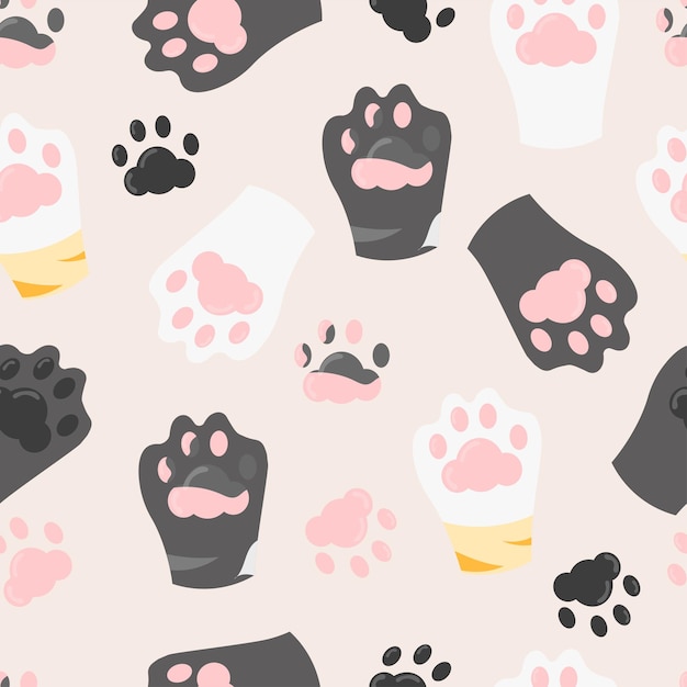 Multicolor cat paws toe beans seamless pattern flat design background