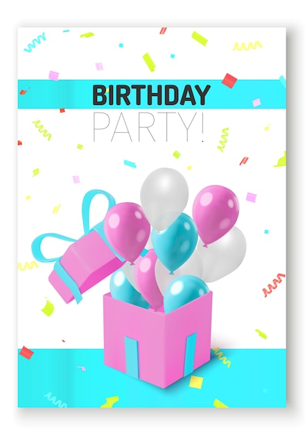 Vector multicolor confetti with gift box and balloons happy birthday celebration design flyer