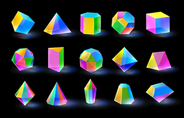 Multicolor diamond crystal shapes Prism color glass prism different volumetric figures Triangular polygonal and hexagonal crystals vector set