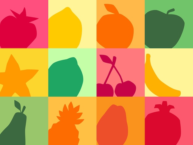 Multicolor fruit silhouetten banner, platte ontwerp illustratie poster voor advertenties, design en digitaal.