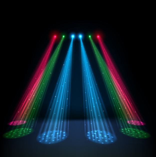 Vector multicolor glowing spotlights on dark background