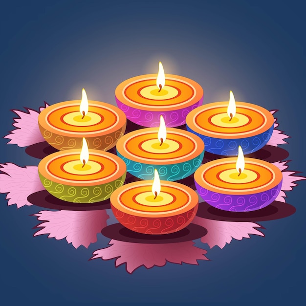 Multicolore lit diyali oil lamp su rangoli su sfondo blu diwali greeting card o poster design