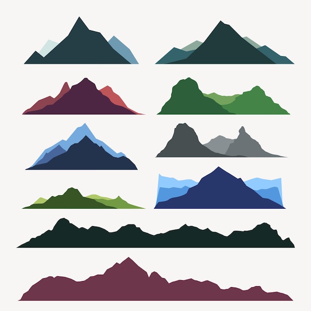 Multicolor of mountain silhouettes isolate in set