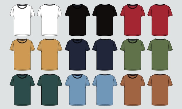 Vettore t-shirt multicolore a maniche corte modello di illustrazione vettoriale viste anteriore e posteriore