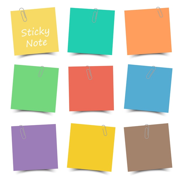 Vector multicolor sticky note with paper clip and shadow . flat color . white isolated background .