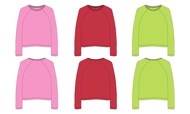 Multicolor t-shirt met lange mouwen technische mode platte schets vector illustratie sjabloon voor dames
