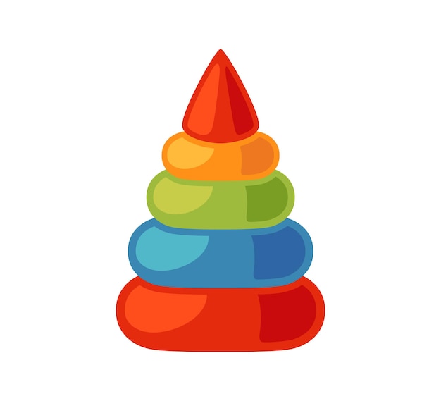 나무 고리가 있는 여러 가지 빛깔의 아기 피라미드. 유아기 발달을 위한 몬테소리 교육 논리 장난감. . 유아용 어린이 나무 장난감. 벡터 일러스트 레이 션 흰색 배경에 고립
