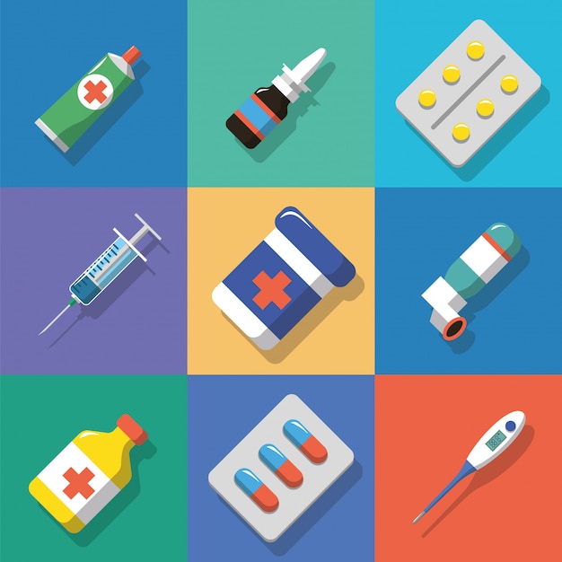 Разноцветный фон медицина и лекарства иконки с тенями. плоский стиль векторные иллюстрации